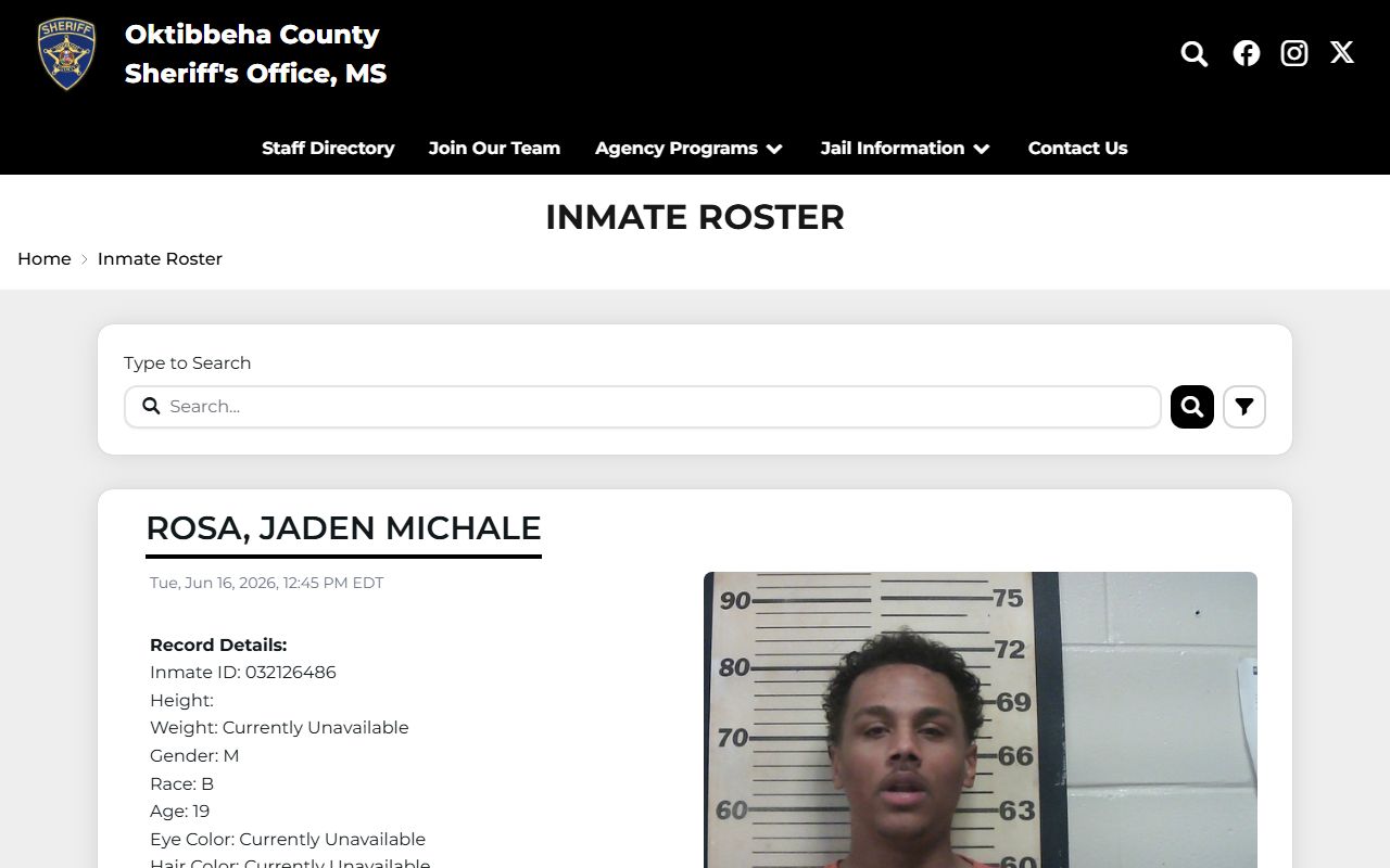 Oktibbeha County inmate roster cards with mugshots and charge links