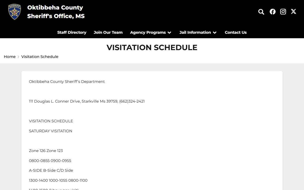 Oktibbeha County Detention Center visitation schedule by unit